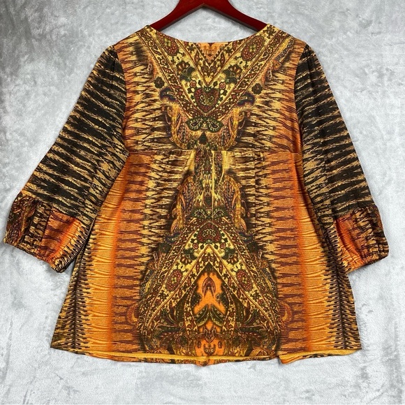 Dressbarn Boho Peasant Puff Sleeve Blouse Keyhole Aztec Southwestern Print Lace - Picture 9 of 13